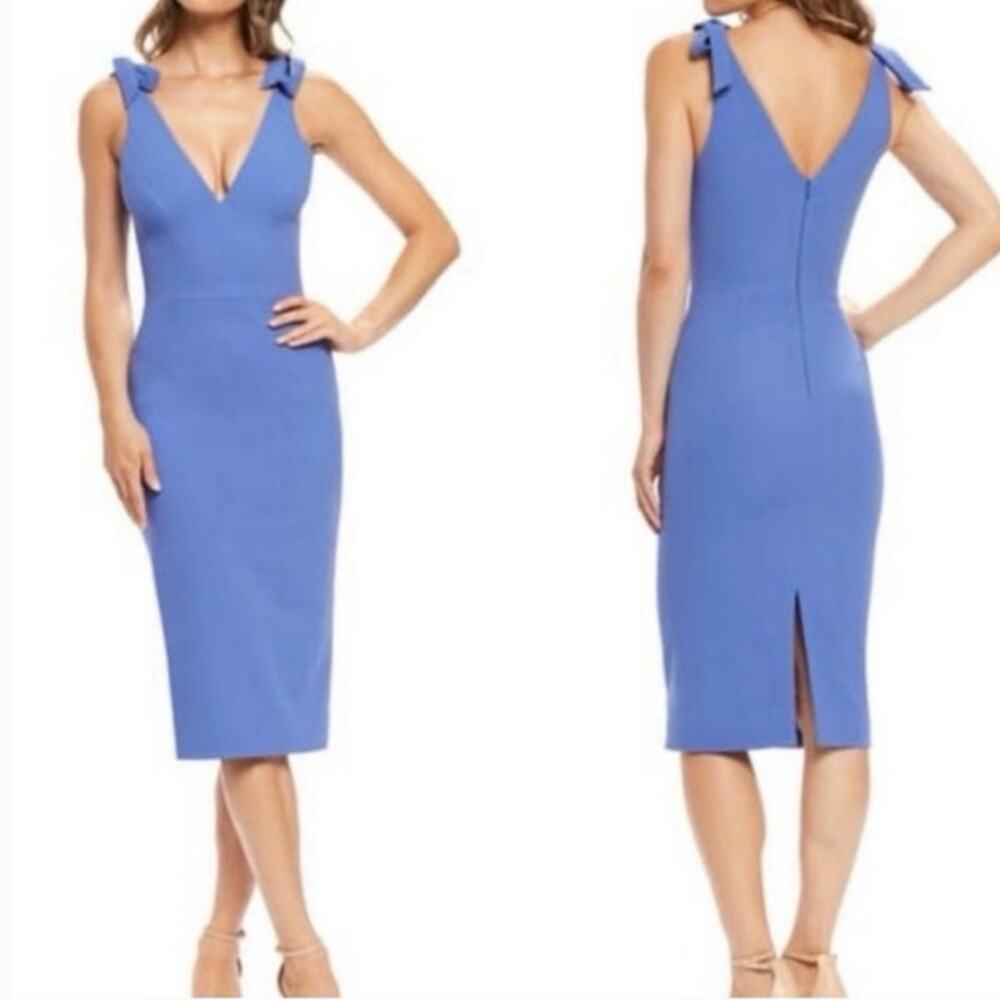 Dress The Population Lita Dress Sz M Blue Jay Tie Shoulder Cocktail Midi Sheath - Picture 2 of 16
